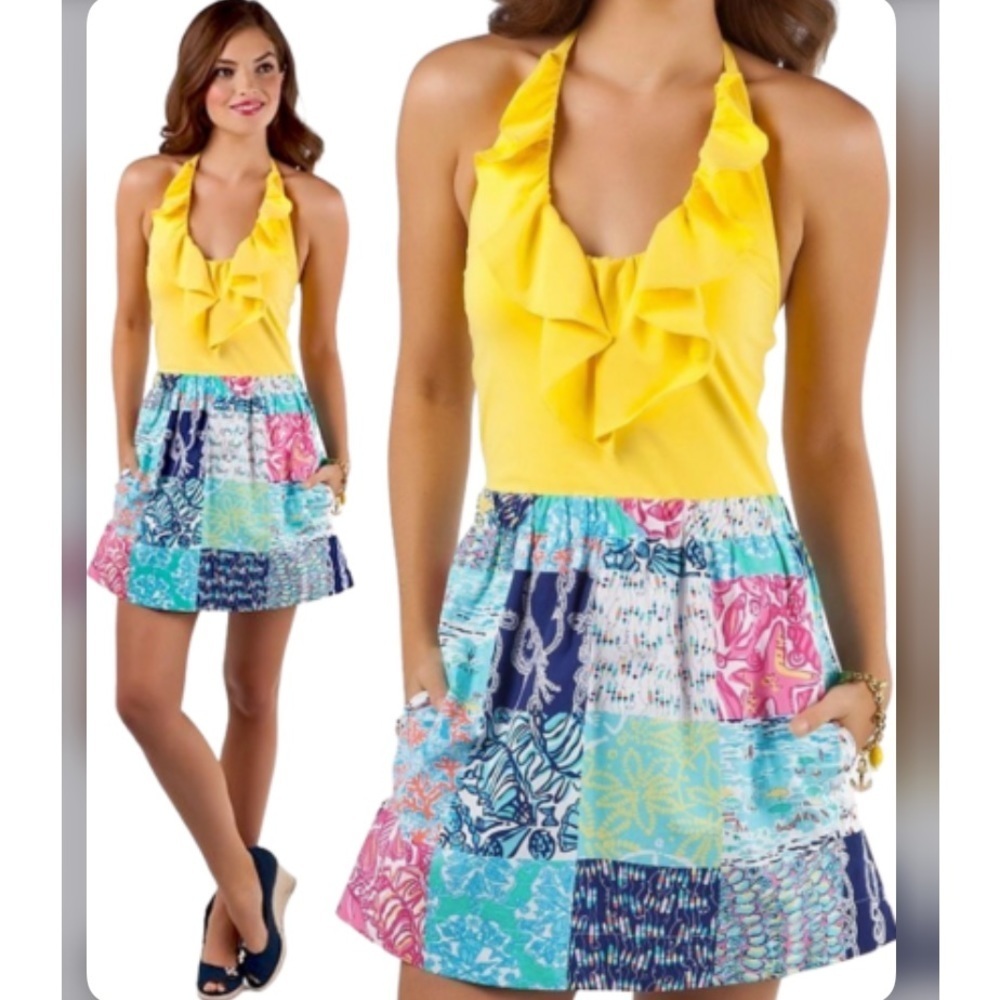 Lilly Pulitzer Yellow and Blue Patchwork Midi Dress - Picture 2 of 13